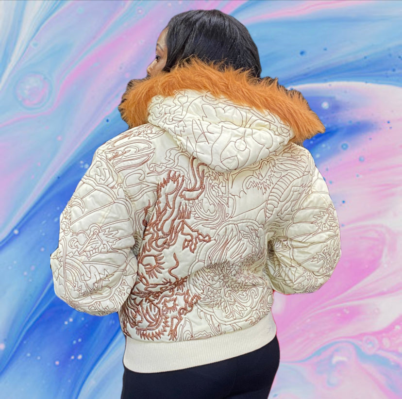 Dragon Bomber Jacket with Faux Fur Hood