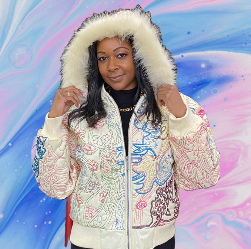 Geisha Bomber Jacket with Faux Fur Hood